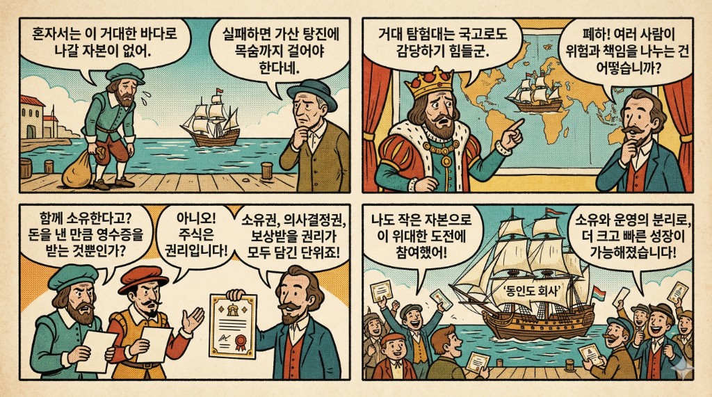 주식회사의 핵심 개념을 설명하는 4컷 이미지