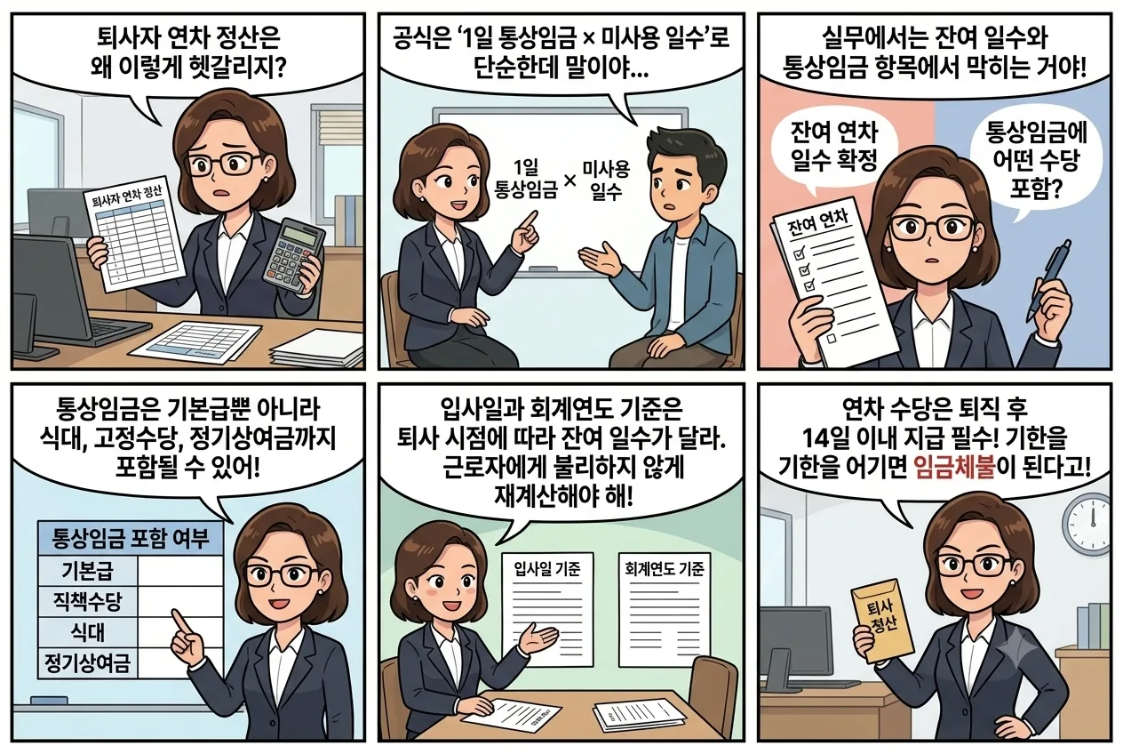 퇴사자 연차 수당 정산 핵심 포인트를 정리한 6컷 삽화