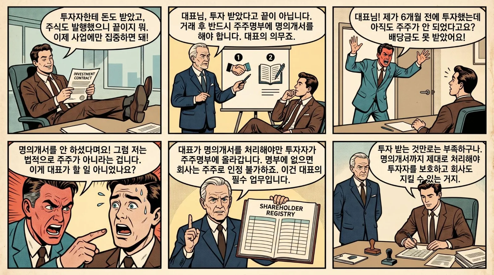 투자 후 명의개서를 마쳐야 투자자가 주주명부에 오른다는 것을 설명하는 만화