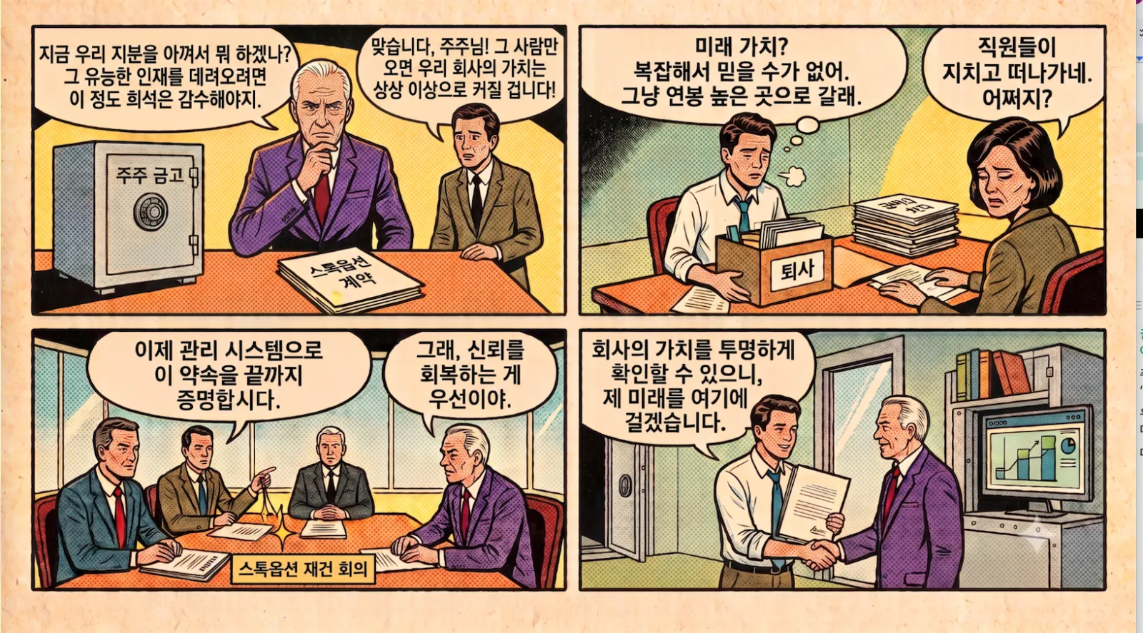스톡옵션 부여를 둘러싼 갈등과 재건 회의를 그린 4컷 만화