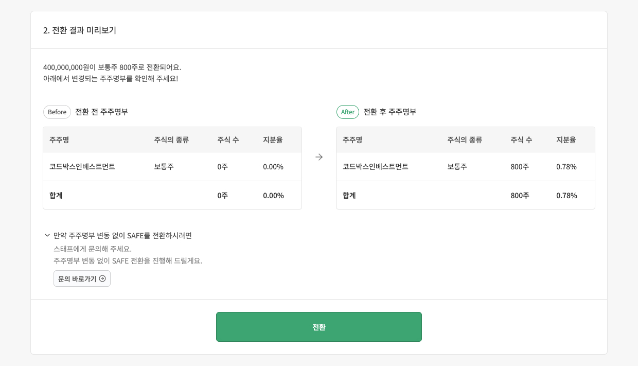 4. 전환 전·후 주주명부를 확인하시고 ‘전환&rsquo; 버튼을  화면