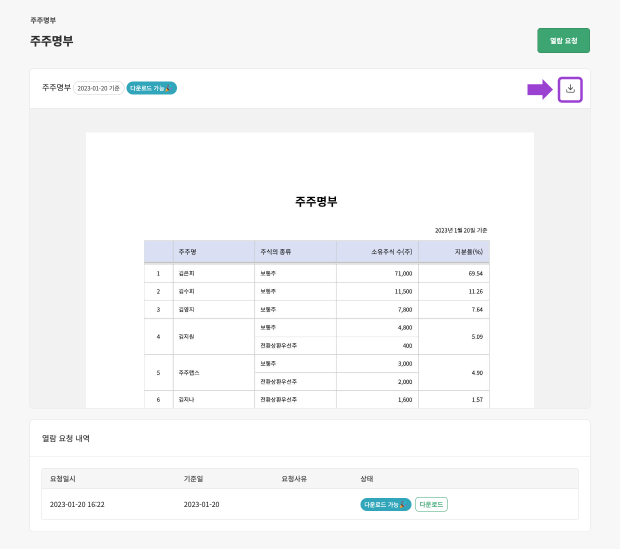 주주포털의 주주명부‧주권미발행확인서 발급 요청 기능