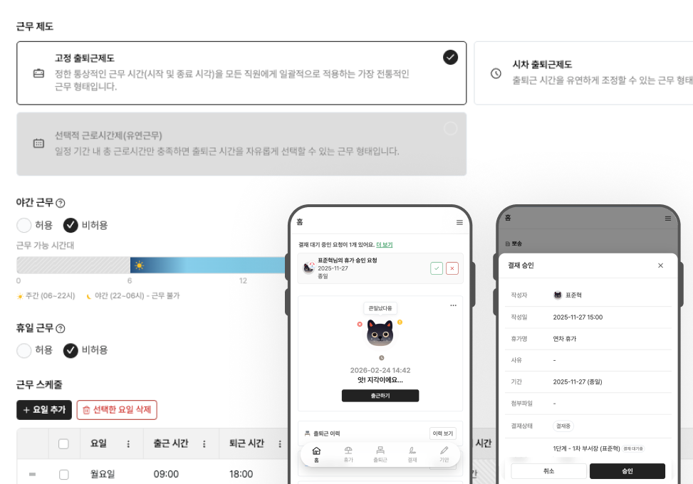 ZUZU HR 근태·휴가 관리 화면 — 근무 제도 설정, 모바일 출퇴근 및 결재